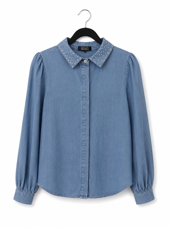Badgley Mischka Tops - Badgley Mischka Light Blue Chambray Shirt with Crystal Studs
